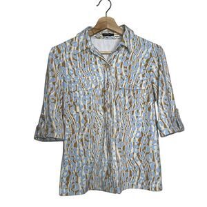 J. McLaughlin Catalina Cloth Leopard Print Button Down Blue Tan Blouse XS